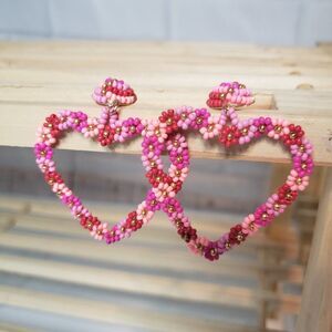Cute Pink Daisy Seed Bead Heart Shaped Earrings New Dangle Large Love